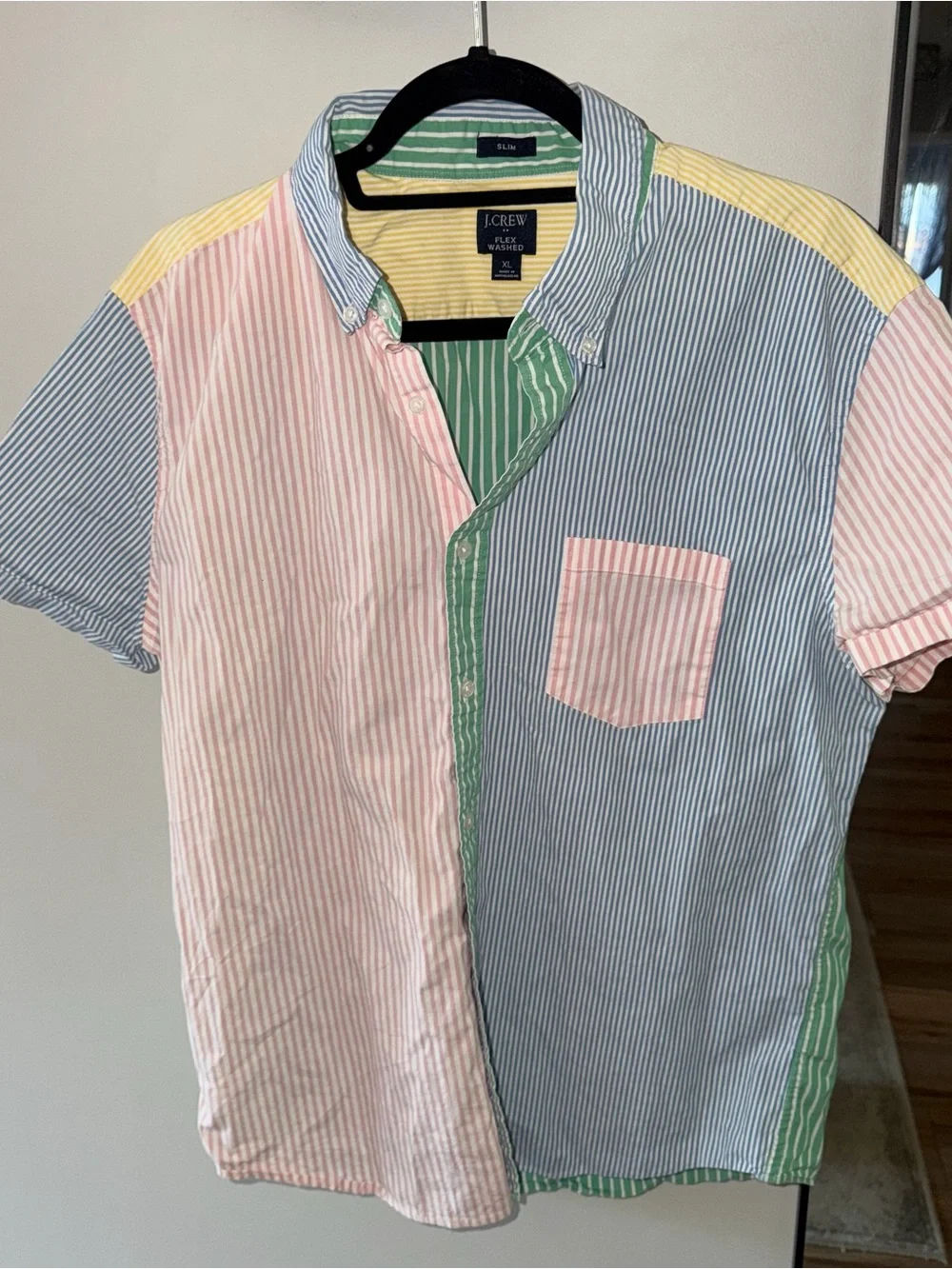 J Crew Mens Shirt XL Multicolor Flex Washed Color Block Pastel Slim Button Down